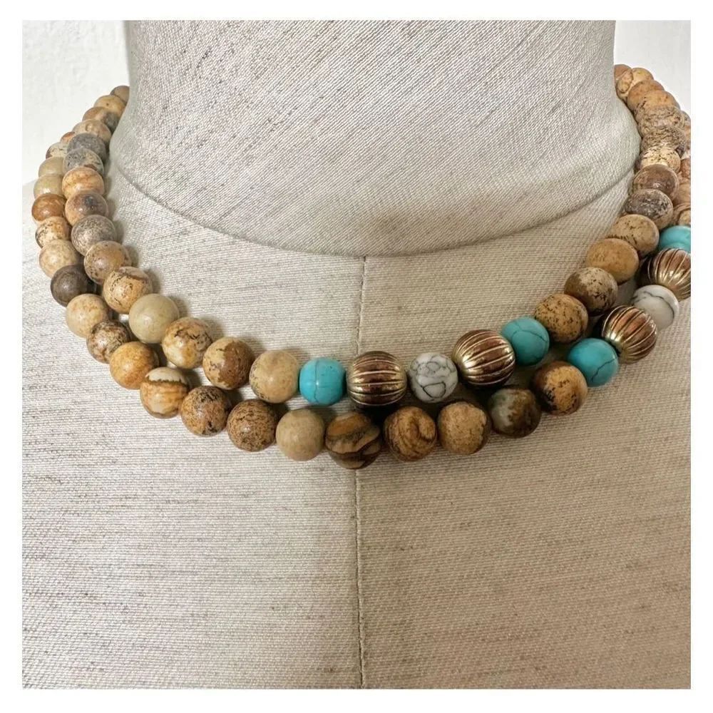 Landscape jasper and howlite long vintage beaded necklace